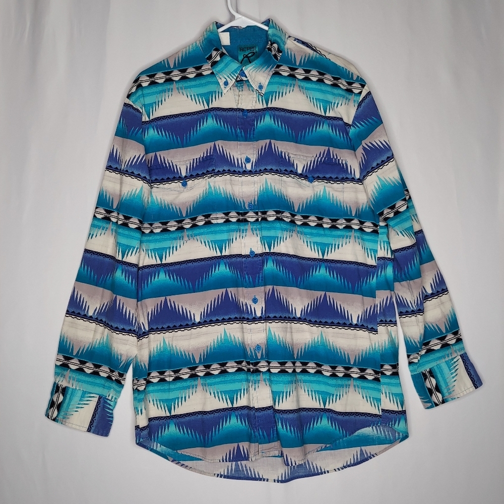 Roper Shirt Large Southwestern Print Button Collar Turquoise‎ Western Vtg Rodeo